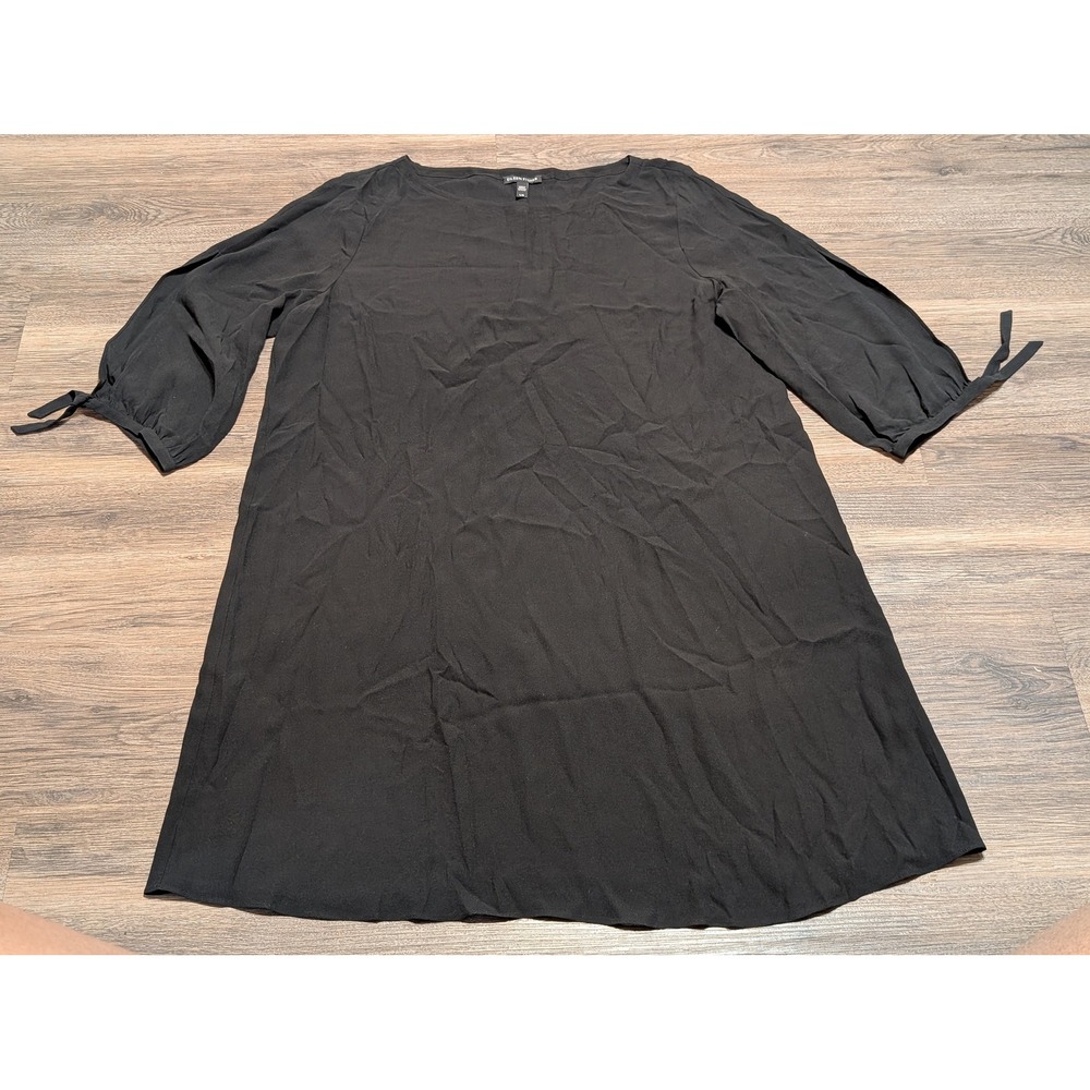 Eileen Fisher Silk Crepe Shift Dress Womens L Black Tie Cuff 3/4 Sleeve Tunic
